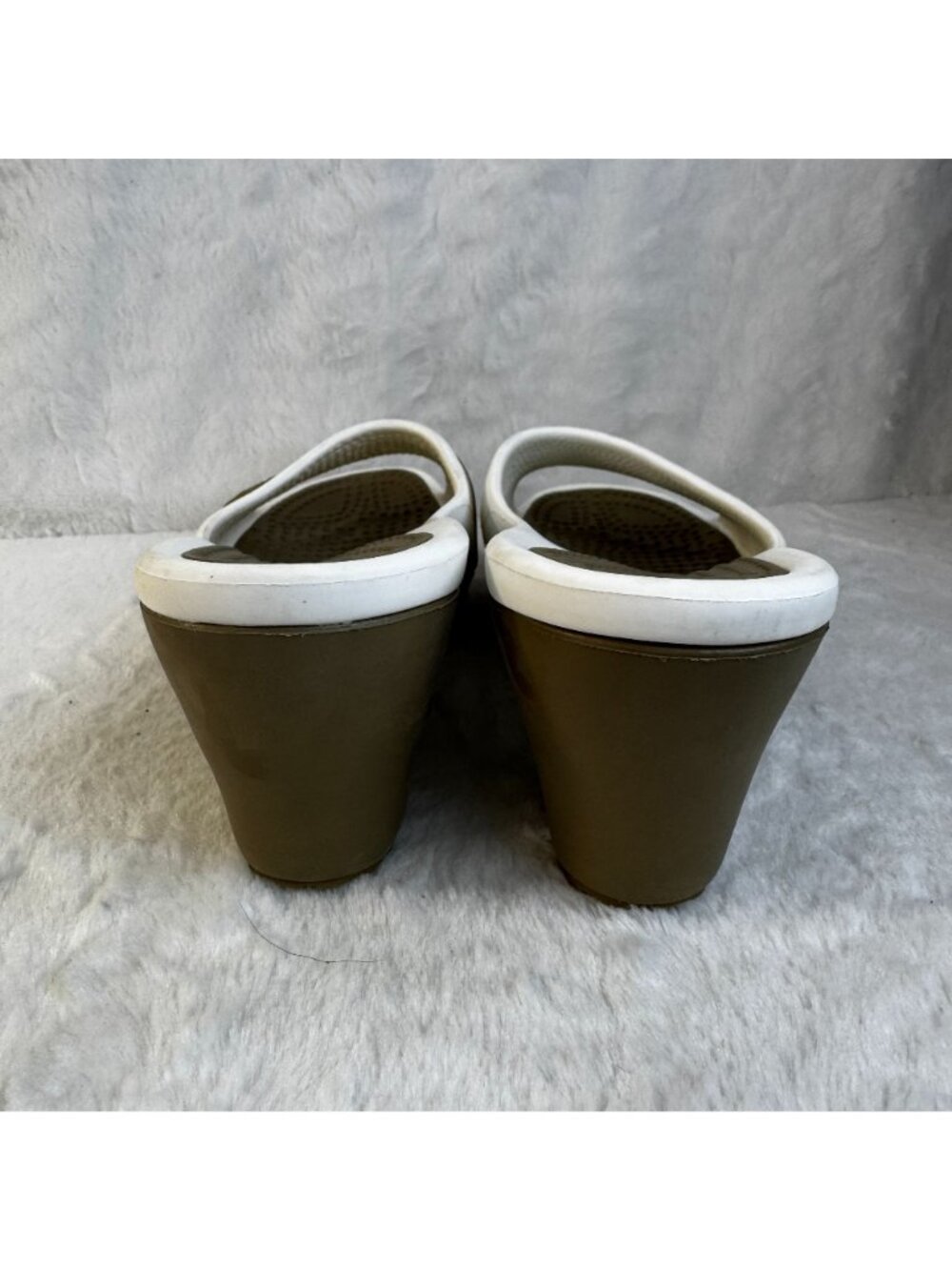 Crocs Platform Heel Wedge Shoes Sassari Womens Size 9 Open Toe Slide White Tan - Picture 4 of 7